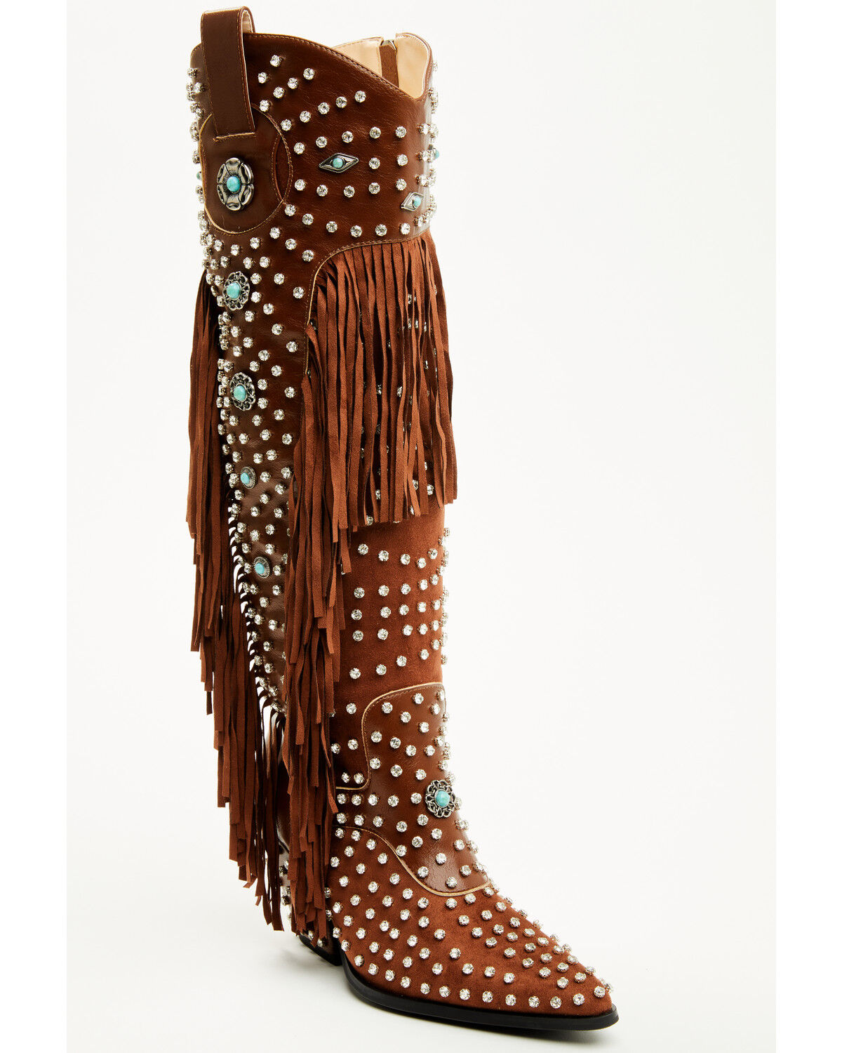 Image #1 - Azalea Wang Women's Bennett Embellished Fringe Tall Fashion Boots - Snip Toe, Brown, hi-res
