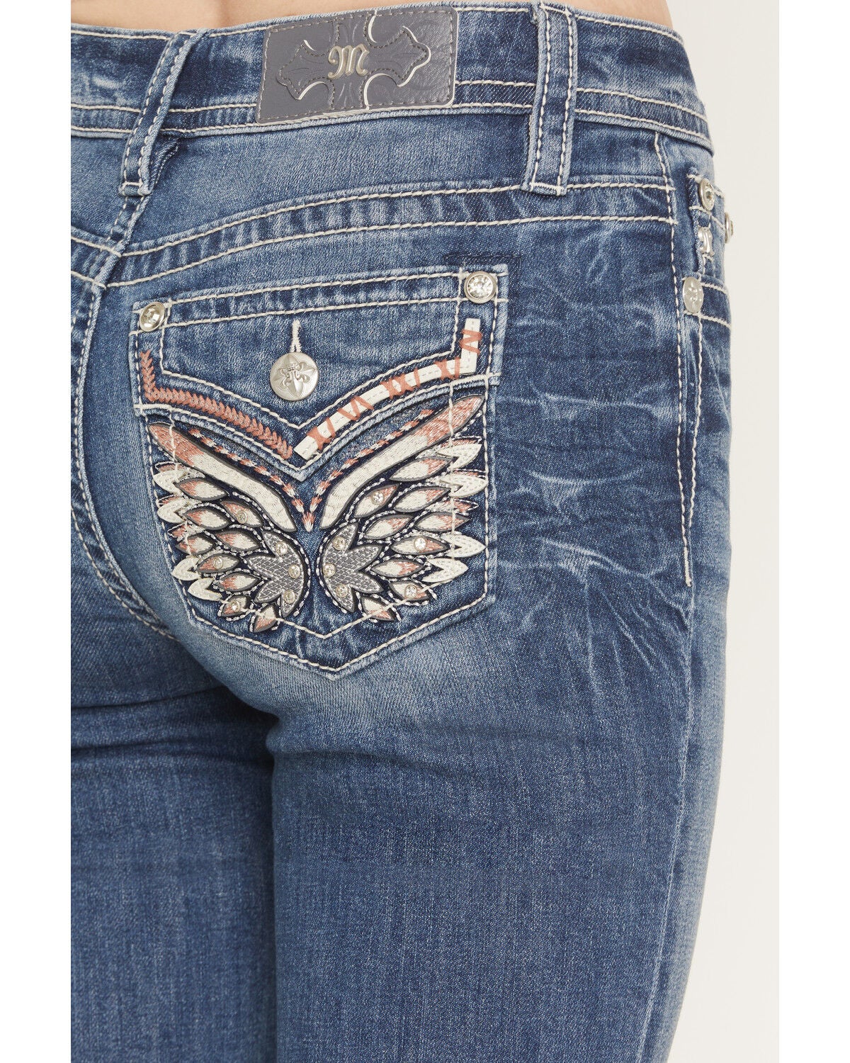 Image #2 - Miss Me Women's Medium Wash Mid Rise Wing Pocket 32" Bootcut Stretch Denim Jeans, Medium Wash, hi-res
