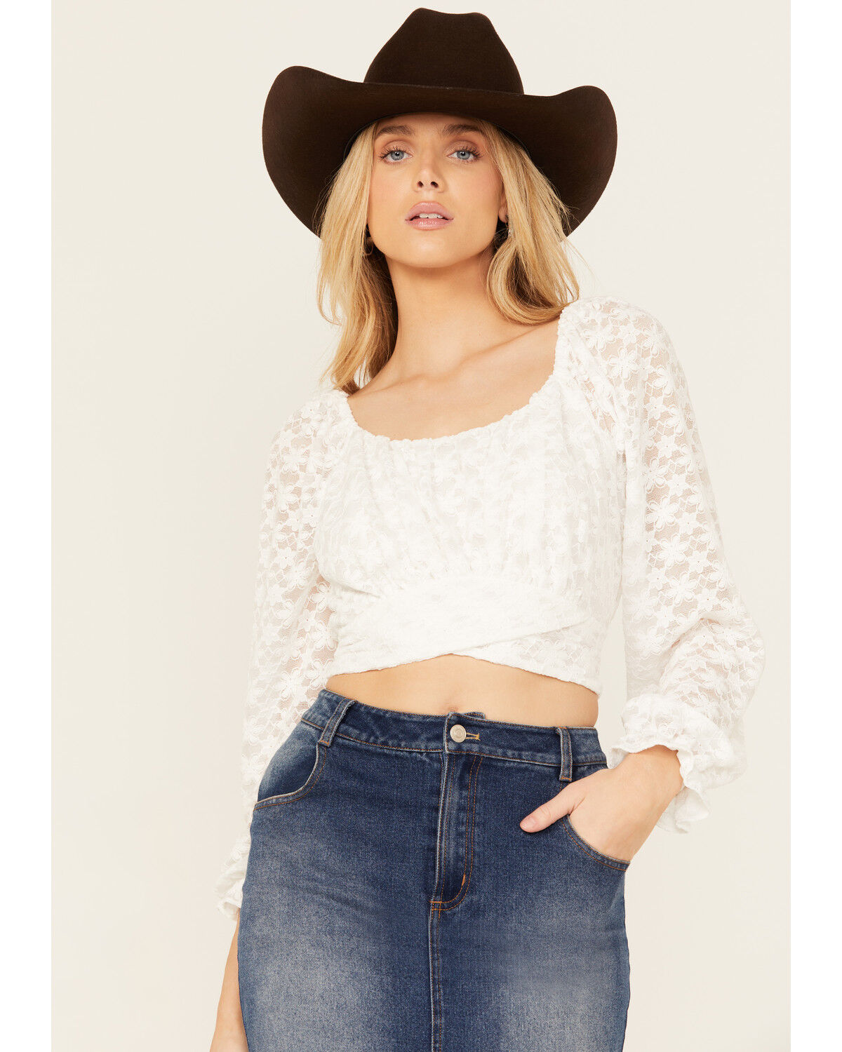 Image #1 - Beyond The Radar Women's Floral Lace Tie Back Long Sleeve Top, White, hi-res