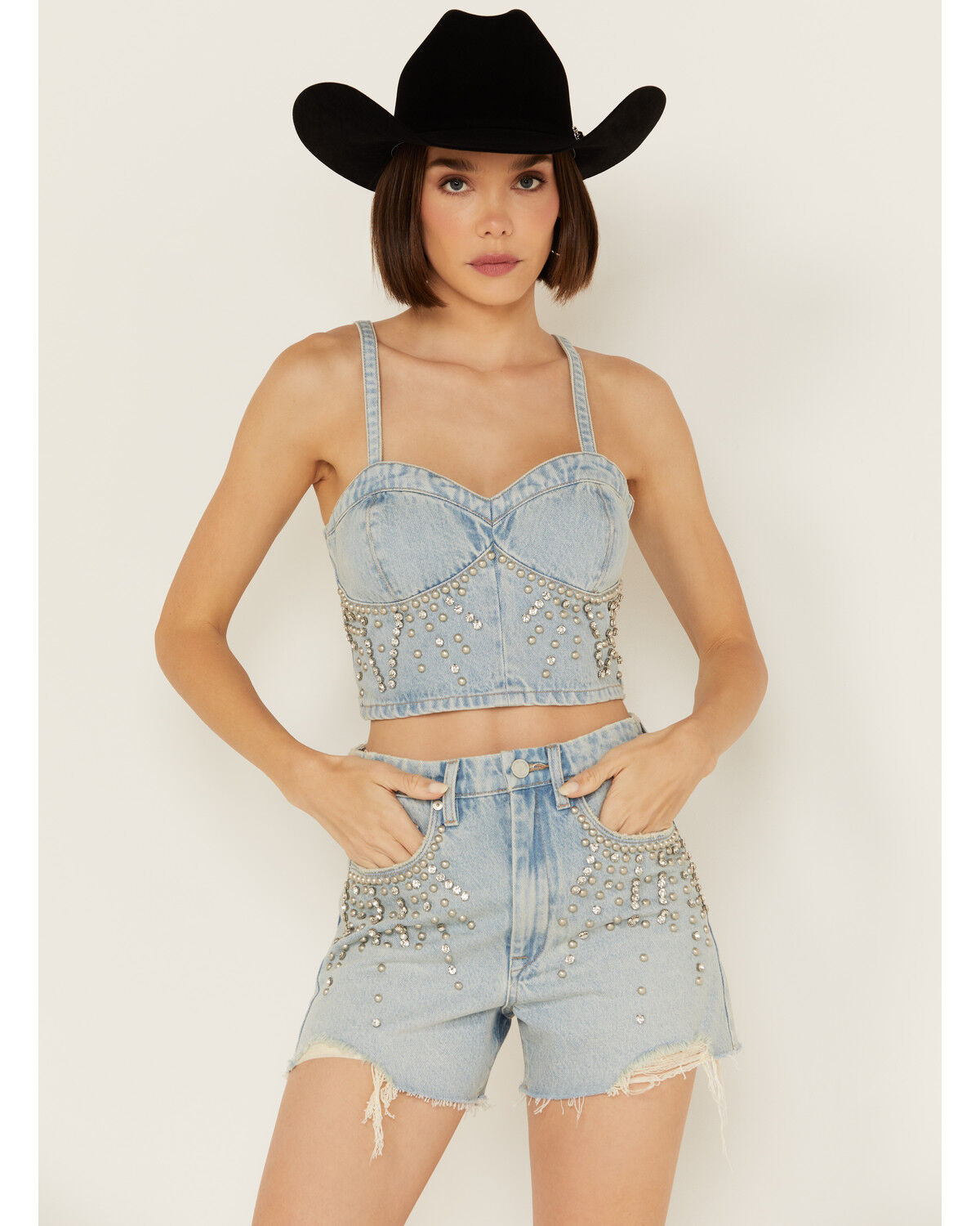 Image #2 - Blank NYC Women's Light Wash Starstruck Embellished Denim Crop Top, Blue, hi-res