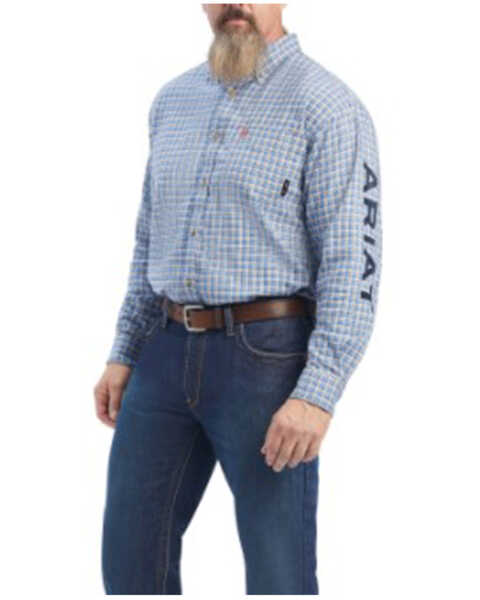 Image #1 - Ariat Men's FR Cunningham Check Logo Button-Down Work Shirt , Turquoise, hi-res