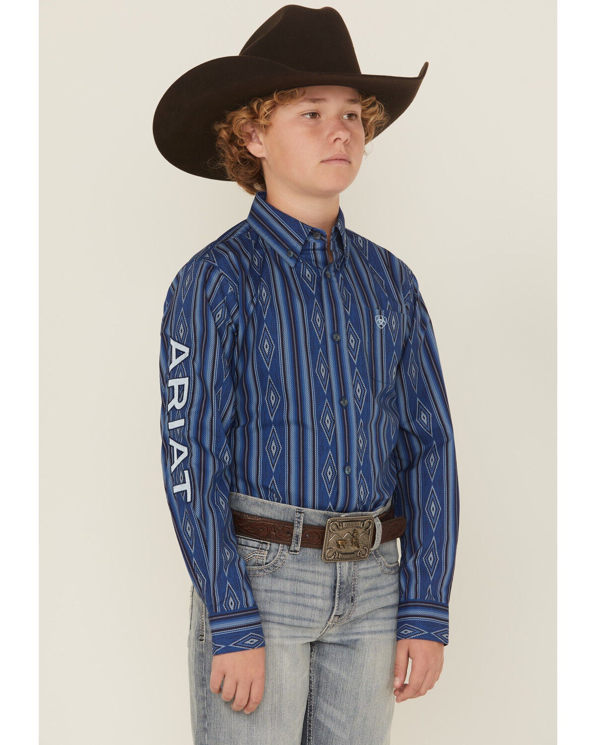 Image #1 - Ariat Boys' Southwestern Striped Long Sleeve Button-Down Western Shirt, Blue, hi-res