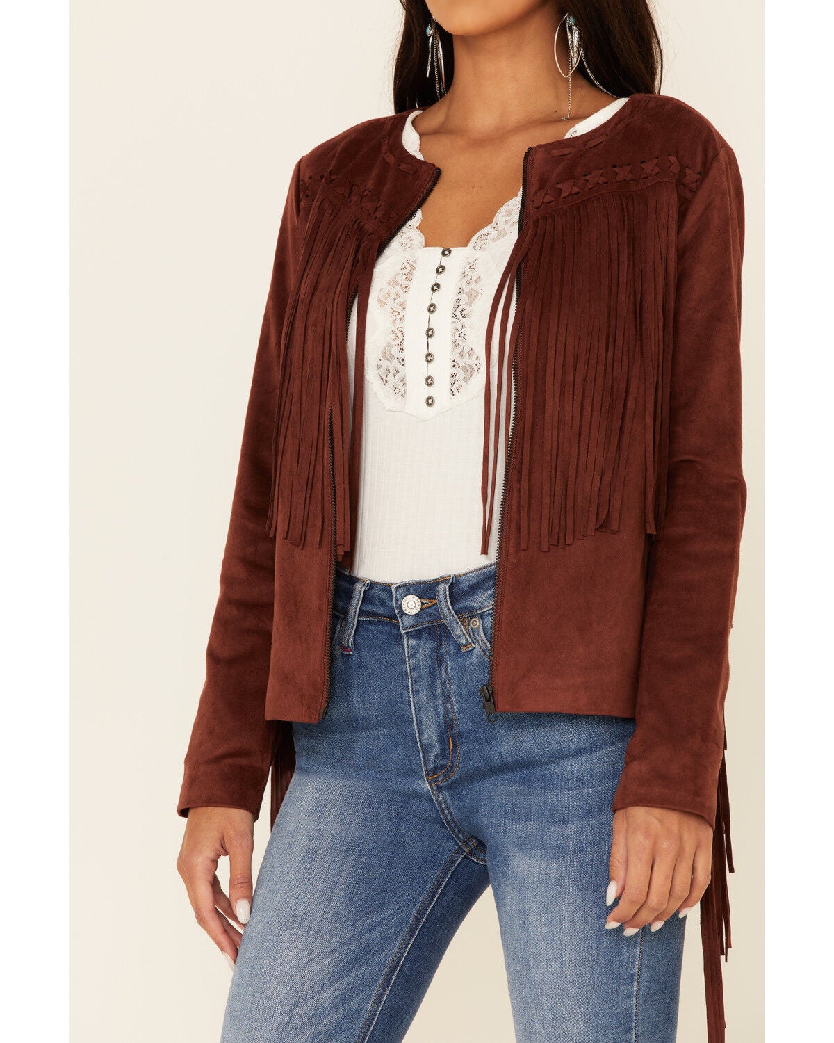blue suede fringe jacket