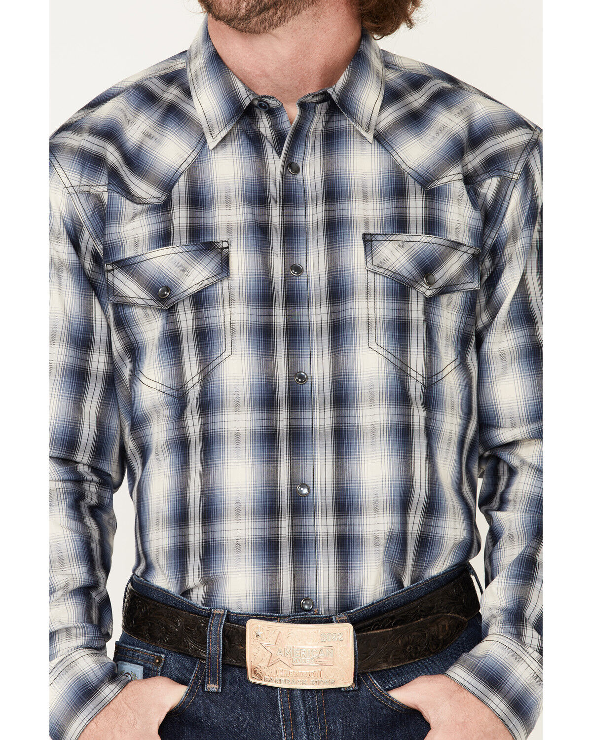 Image #3 - Cody James Men's Trailblazer Plaid Print Long Sleeve Pearl Snap Western Shirt, Blue, hi-res