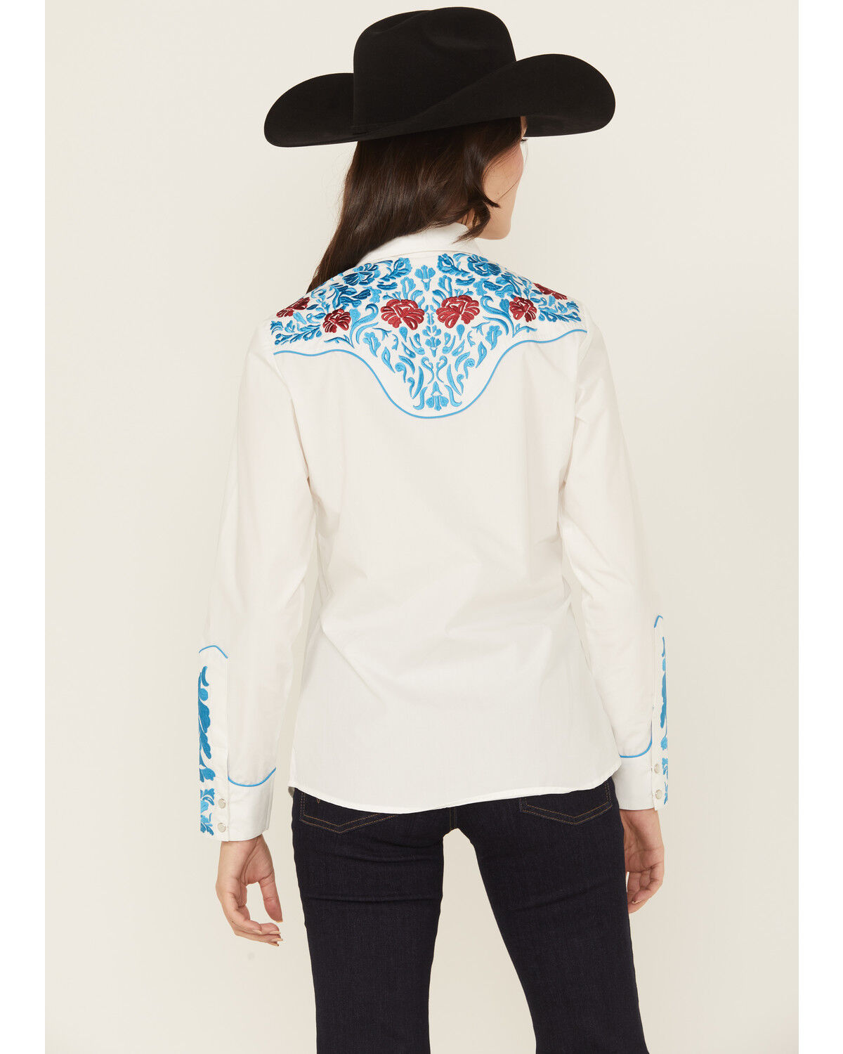 Image #4 - Rodeo Clothing Women's Floral Embroidered Long Sleeve Snap Stretch Western Shirt, White, hi-res