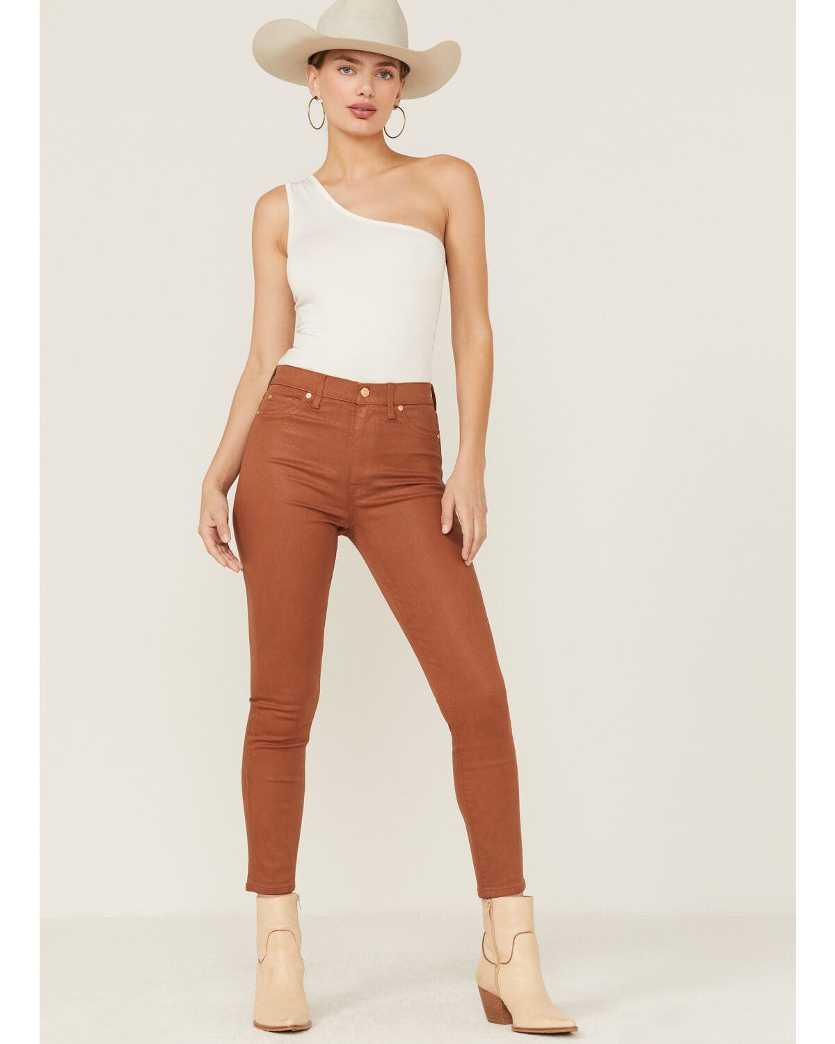 7 For All Mankind Women's Coated Faux Leather Ankle Skinny Jeans, Brown, hi-res