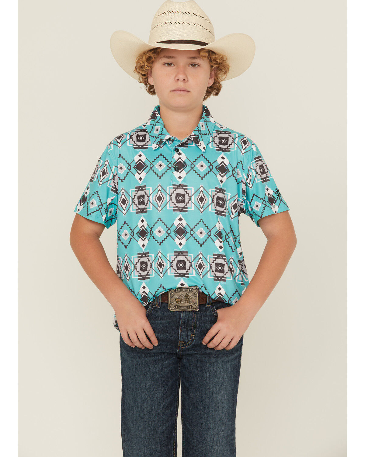 Image #1 - Hooey Boys' Southwestern Print Short Sleeve Button-Down Stretch Polo Shirt, Turquoise, hi-res