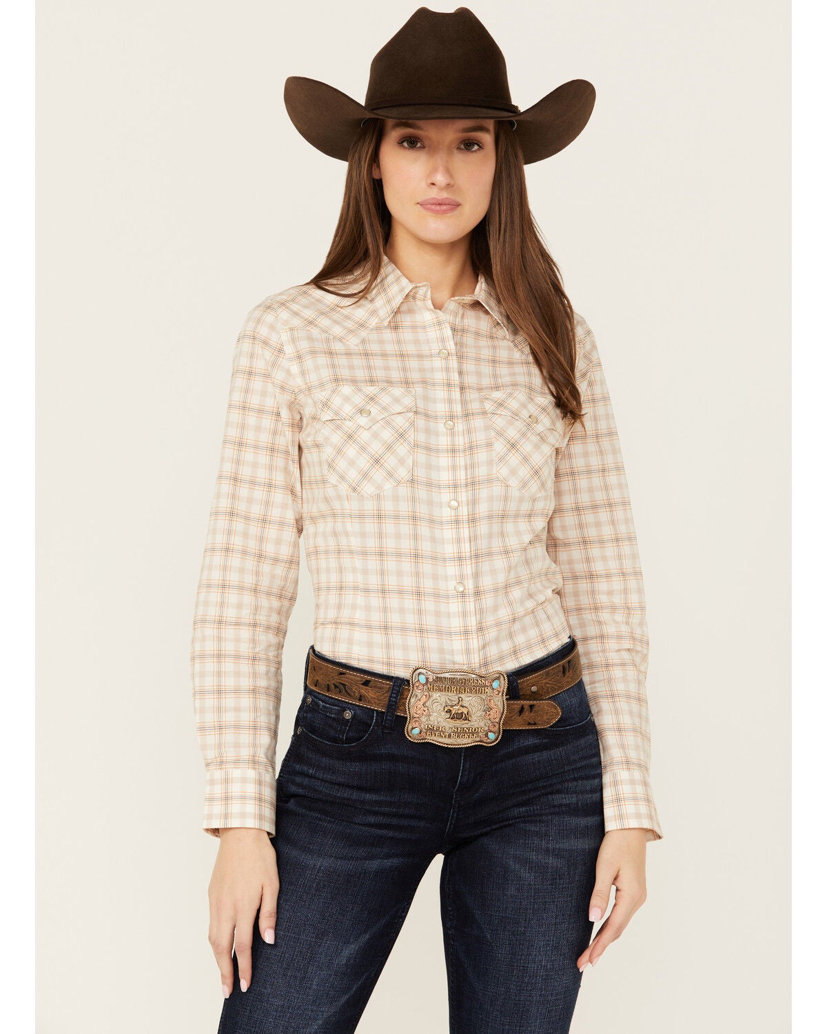 Wrangler Retro Women's Plaid Print Long Sleeve Pearl Snap Western Shirt, Cream, hi-res