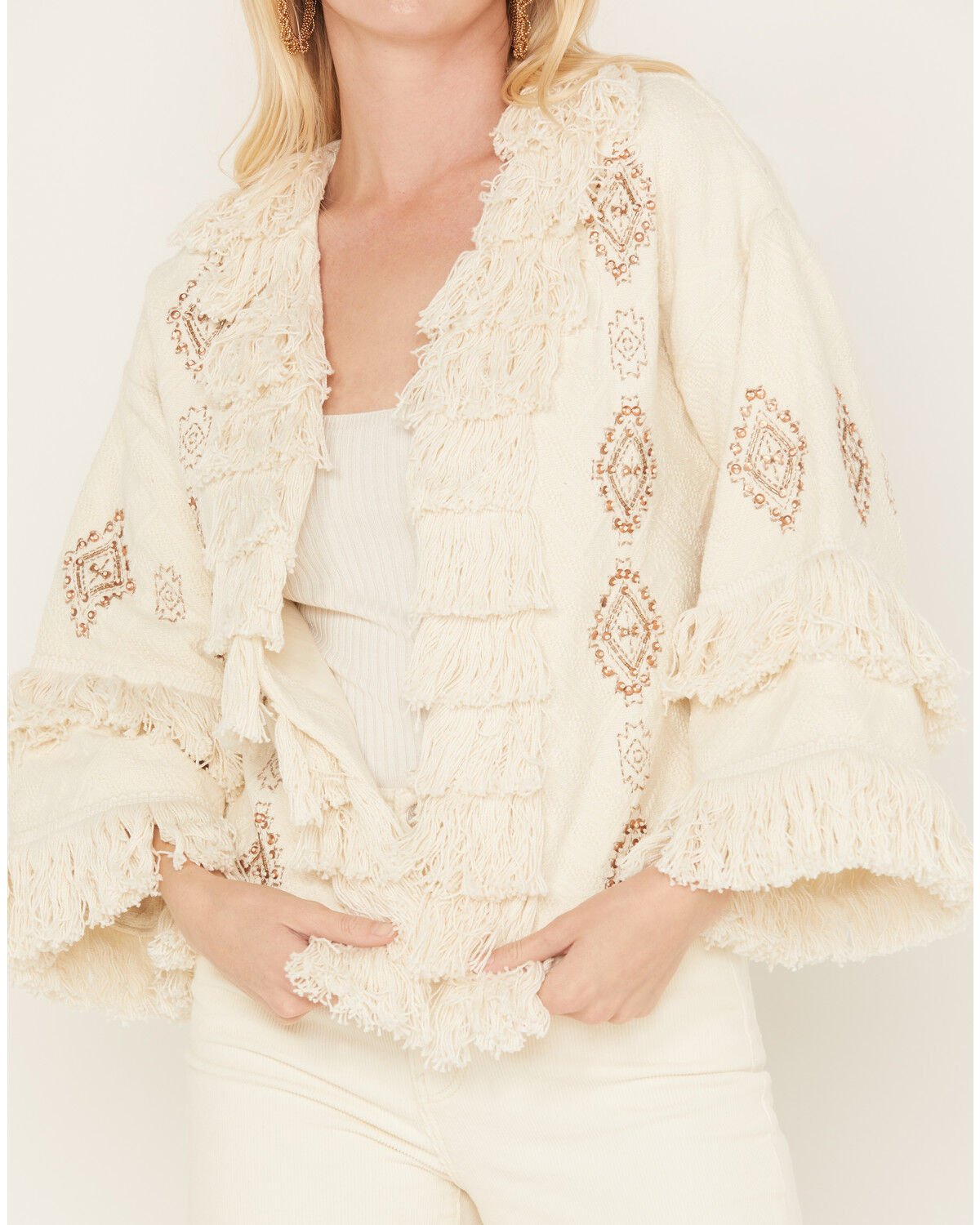 Image #3 - Shyanne Women's Fringe Embellished Jacket, Cream, hi-res