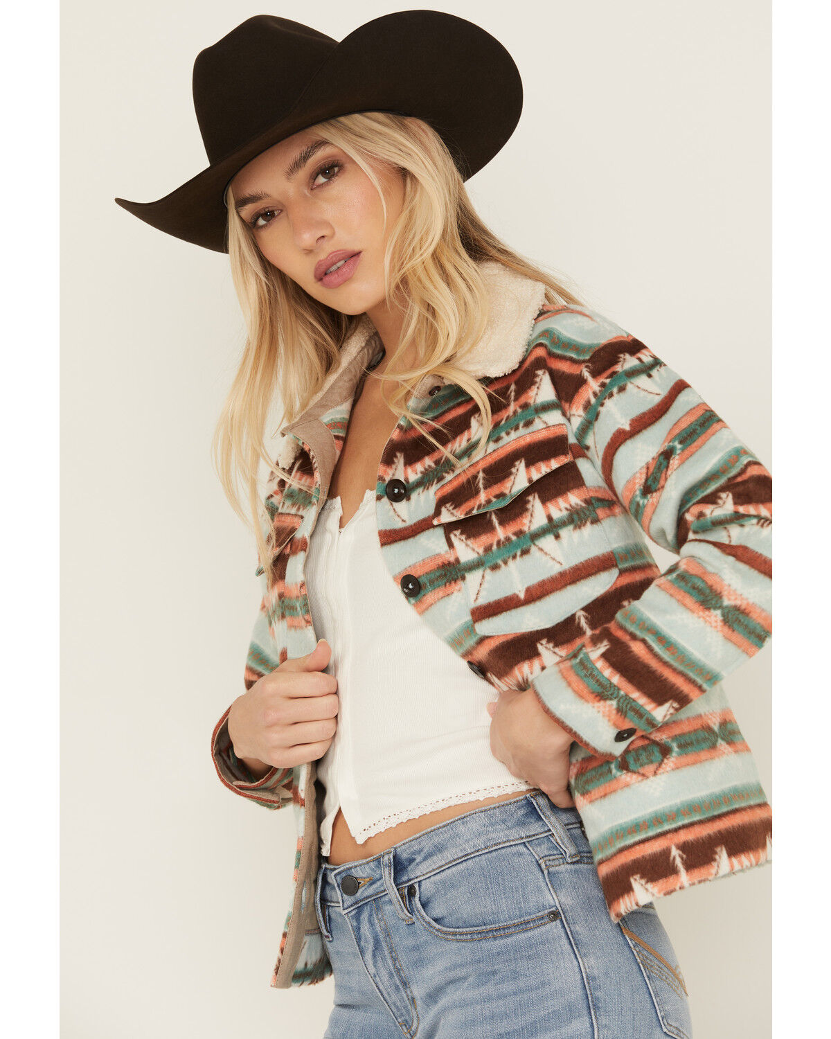 Image #2 - Rock & Roll Denim Women's Southwestern Print Sherpa Jacket, Blue, hi-res