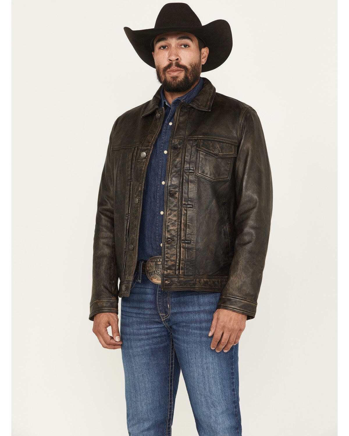 Image #1 - Scully Men's Distressed Leather Trucker Jacket, Black, hi-res