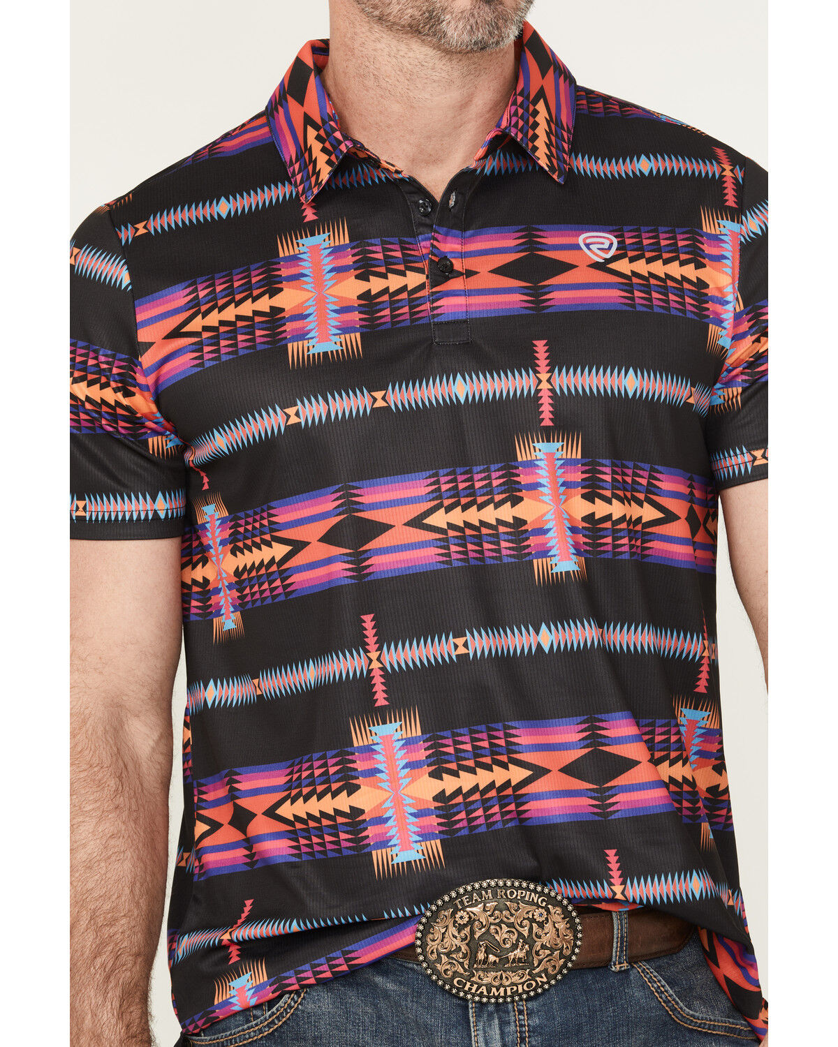 Image #3 - Rock & Roll Denim Men's Boot Barn Exclusive Southwestern Print Short Sleeve Polo, Black, hi-res
