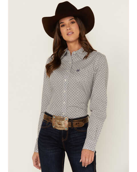 Cinch Women's Printed Long Sleeve Button-Down Western Shirt , Cream, hi-res