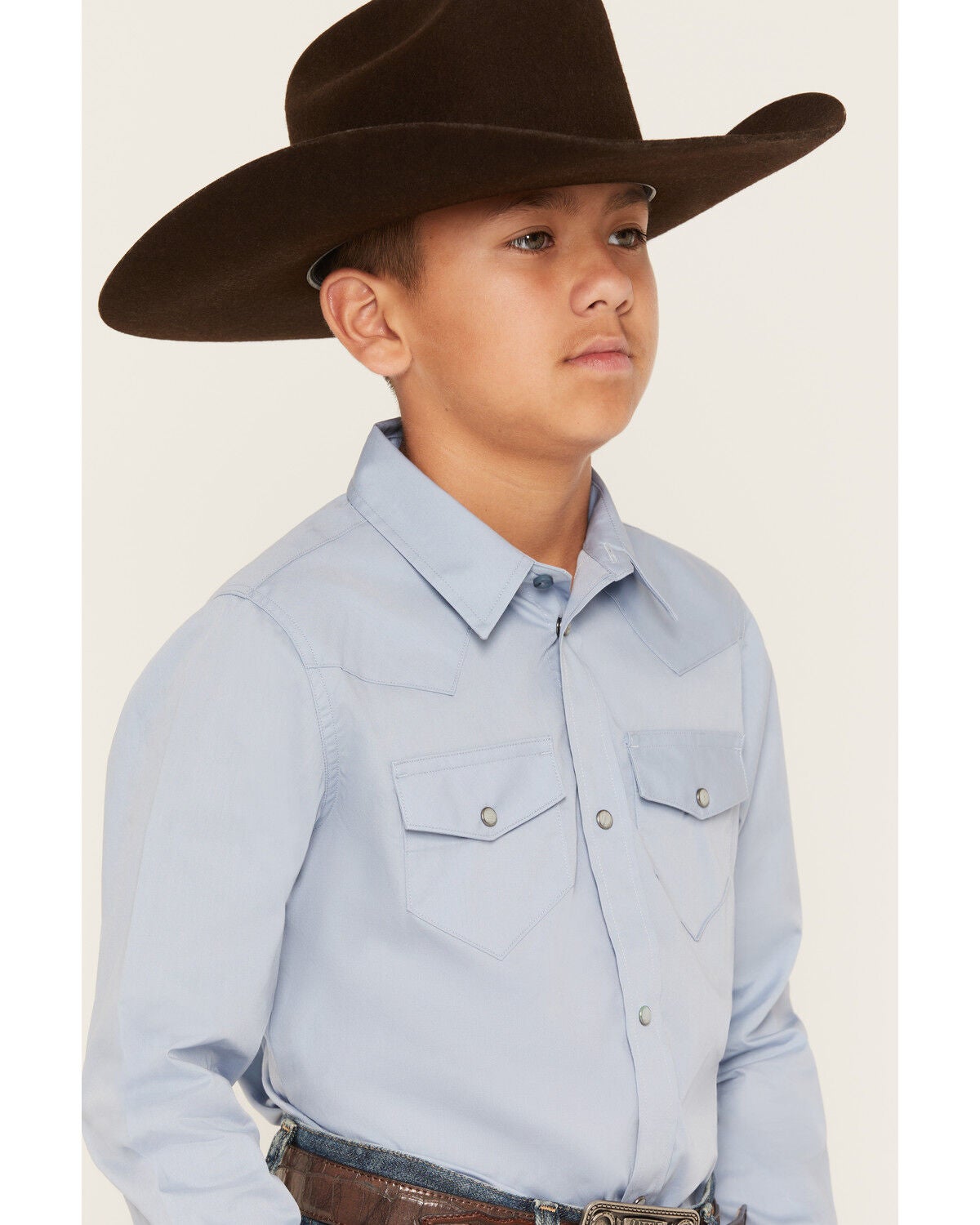 Image #2 - Gibson Trading Co Boys' Solid Long Sleeve Snap Western Shirt, Medium Blue, hi-res