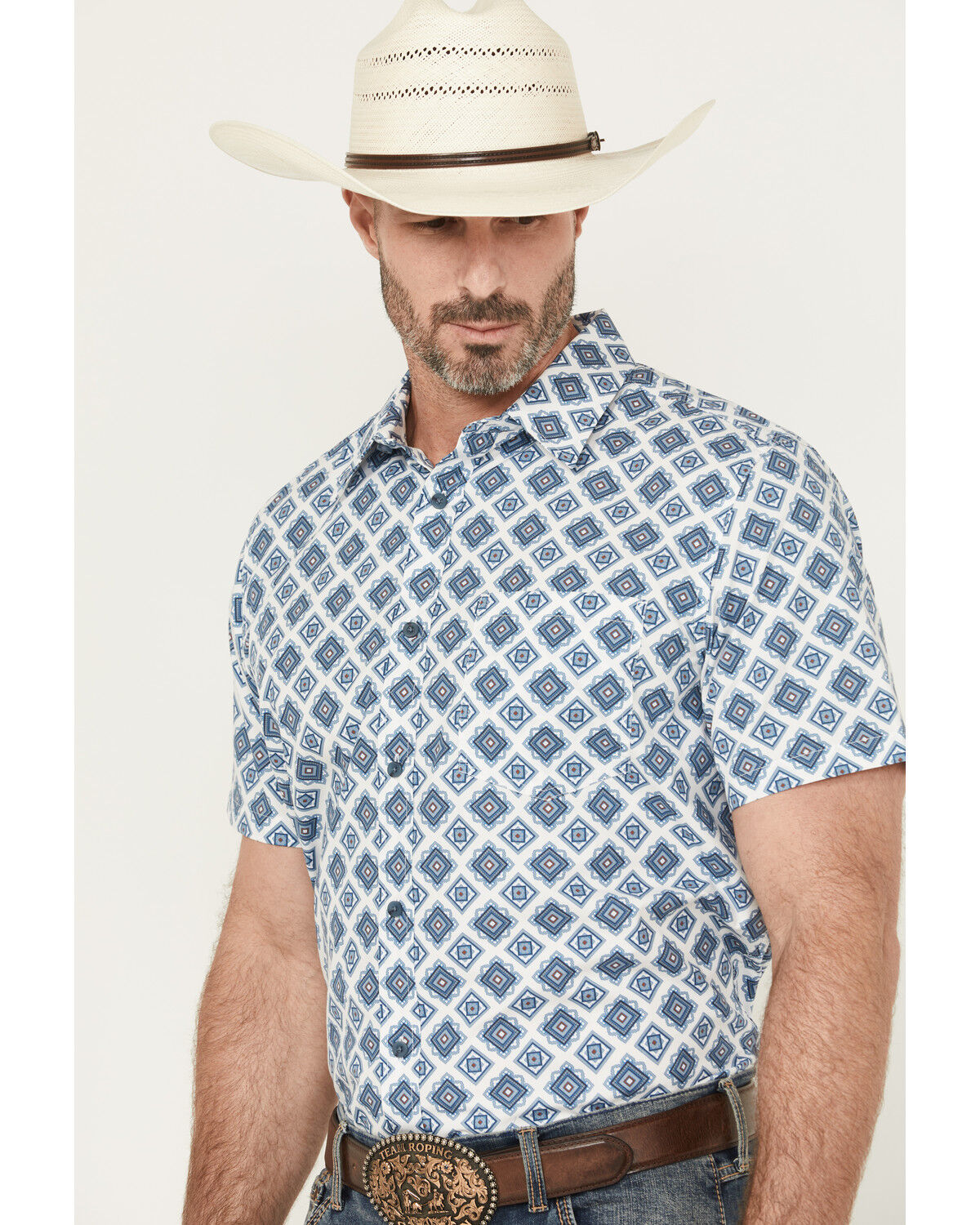 Image #2 - Gibson Trading Co Men's Bowling Alley Medallion Short Sleeve Button-Down Stretch Western Shirt, White, hi-res