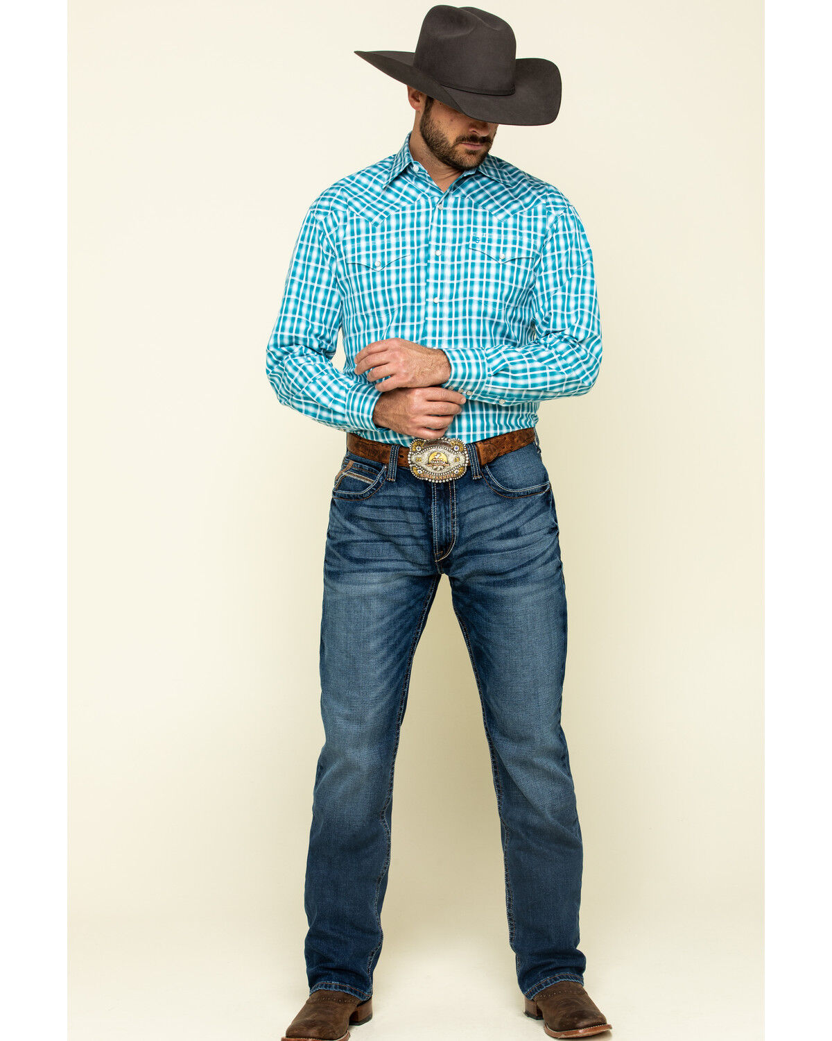 Image #6 - Stetson Men's Cross Walk Ombre Plaid Long Sleeve Western Shirt, Turquoise, hi-res