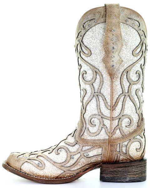 Image #3 - Corral Women's White Glitter Inlay Western Boots - Square Toe, Ivory, hi-res