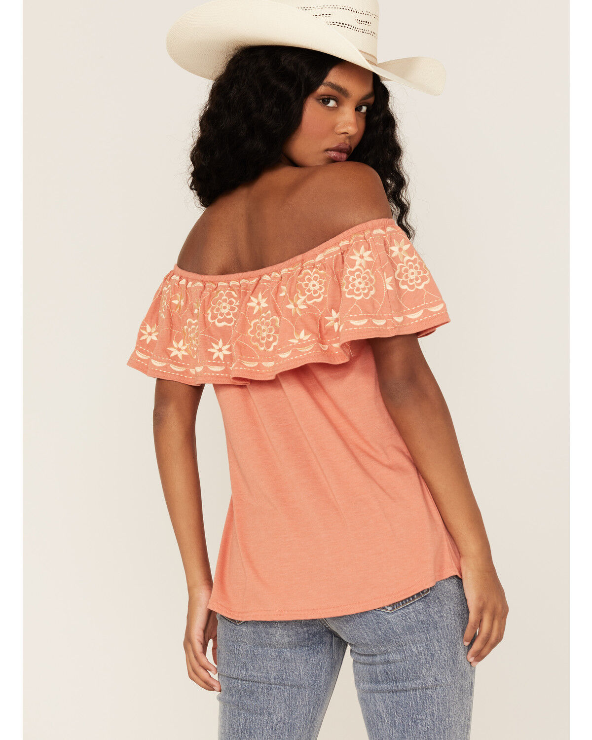 Image #4 - Panhandle Women's Embroidered Flounce Off Shoulder Top, Orange, hi-res