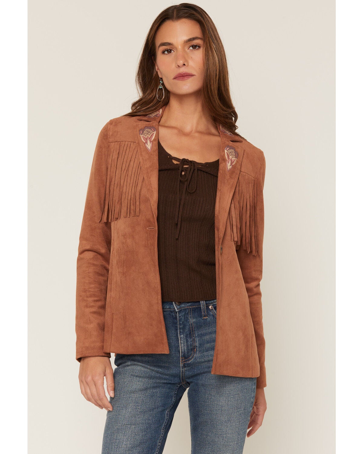 Image #1 - Shyanne Women's Ainsley Embroidered Fringe Faux Suede Blazer, Bark, hi-res