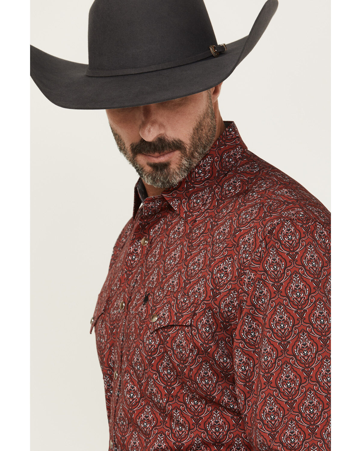 Image #2 - Rodeo Clothing Men's Boot Barn Exclusive Paisley Print Long Sleeve Snap Western Shirt, Burgundy, hi-res
