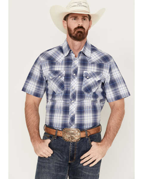 Wrangler Men's Plaid Print Short Sleeve Snap Western Shirt, Blue, hi-res