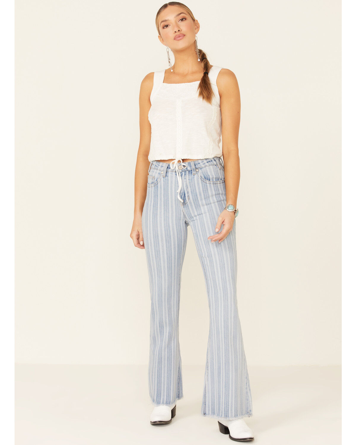 Image #3 - Rock & Roll Denim Women's Lace Insert Crop Tank Top, White, hi-res