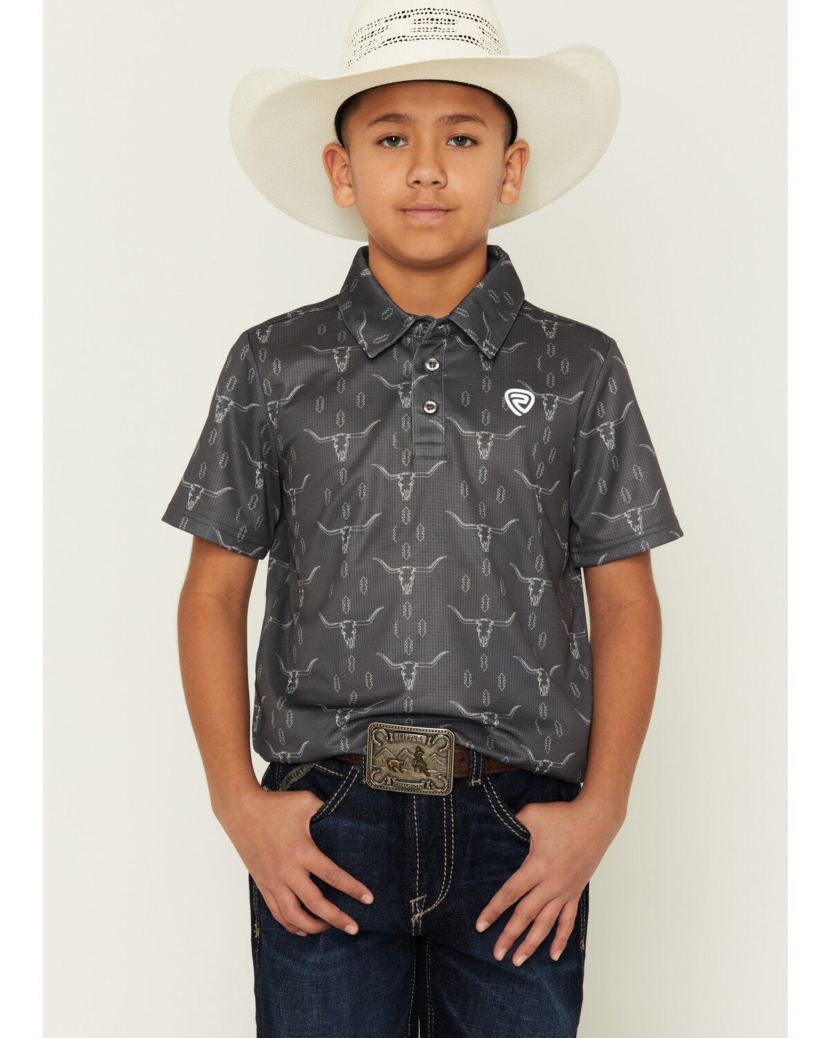 Rock & Roll Denim Boys' Steer Head Skull Short Sleeve Button-Down Polo, Grey, hi-res