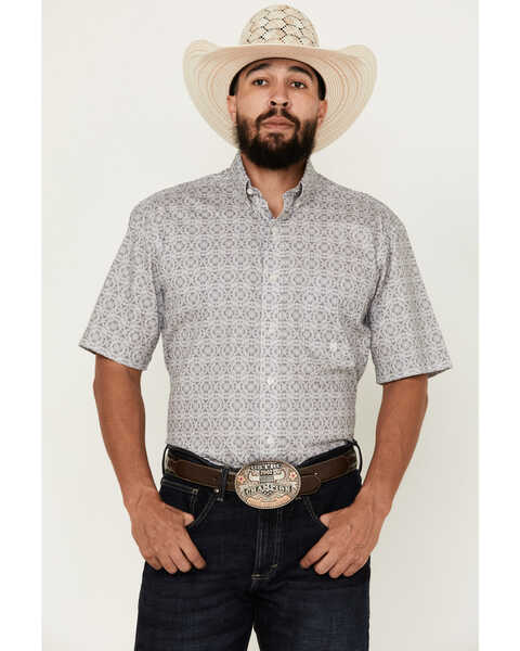 Roper Men's Amarillo Medallion Print Short Sleeve Button-Down Western Shirt, Grey, hi-res