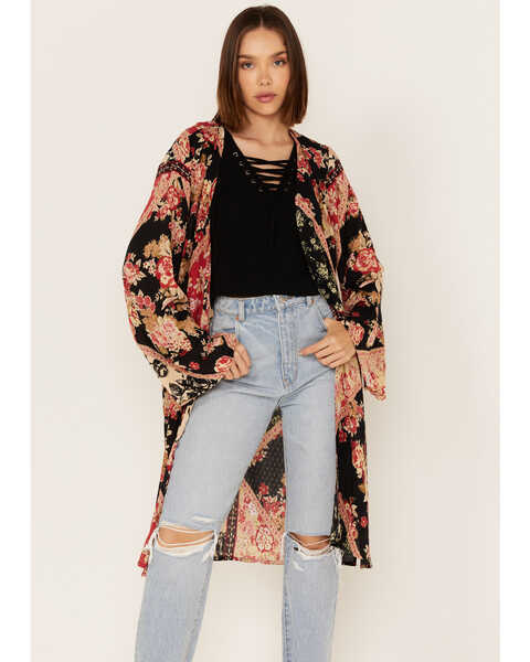 Band of Gypsies Women's High Hopes Patchwork Floral Print Long Sleeve Kimono, Multi, hi-res