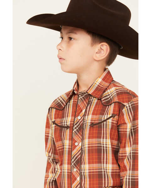 Image #2 - Roper Boys' Plaid Print Cowboy Embroidery Long Sleeve Pearl Snap Western Shirt, Rust Copper, hi-res