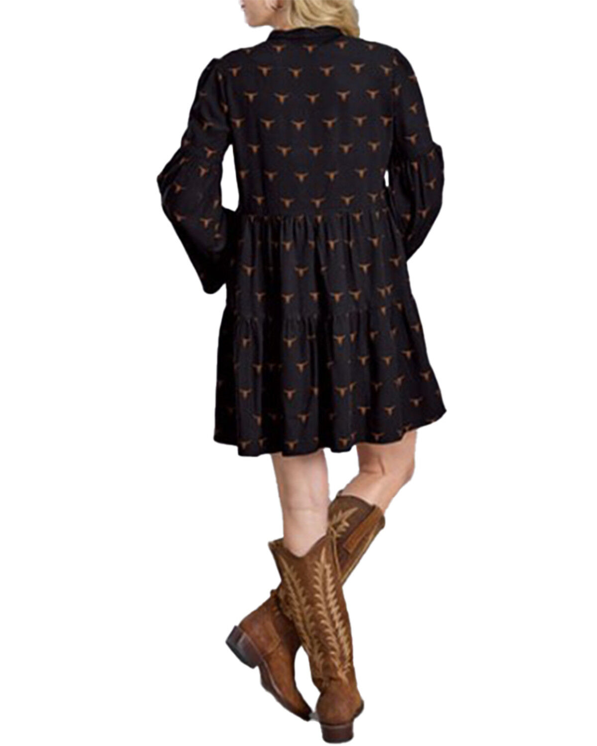 Image #2 - Stetson Women's Steer Head Print Long Sleeve Midi Dress, Black, hi-res