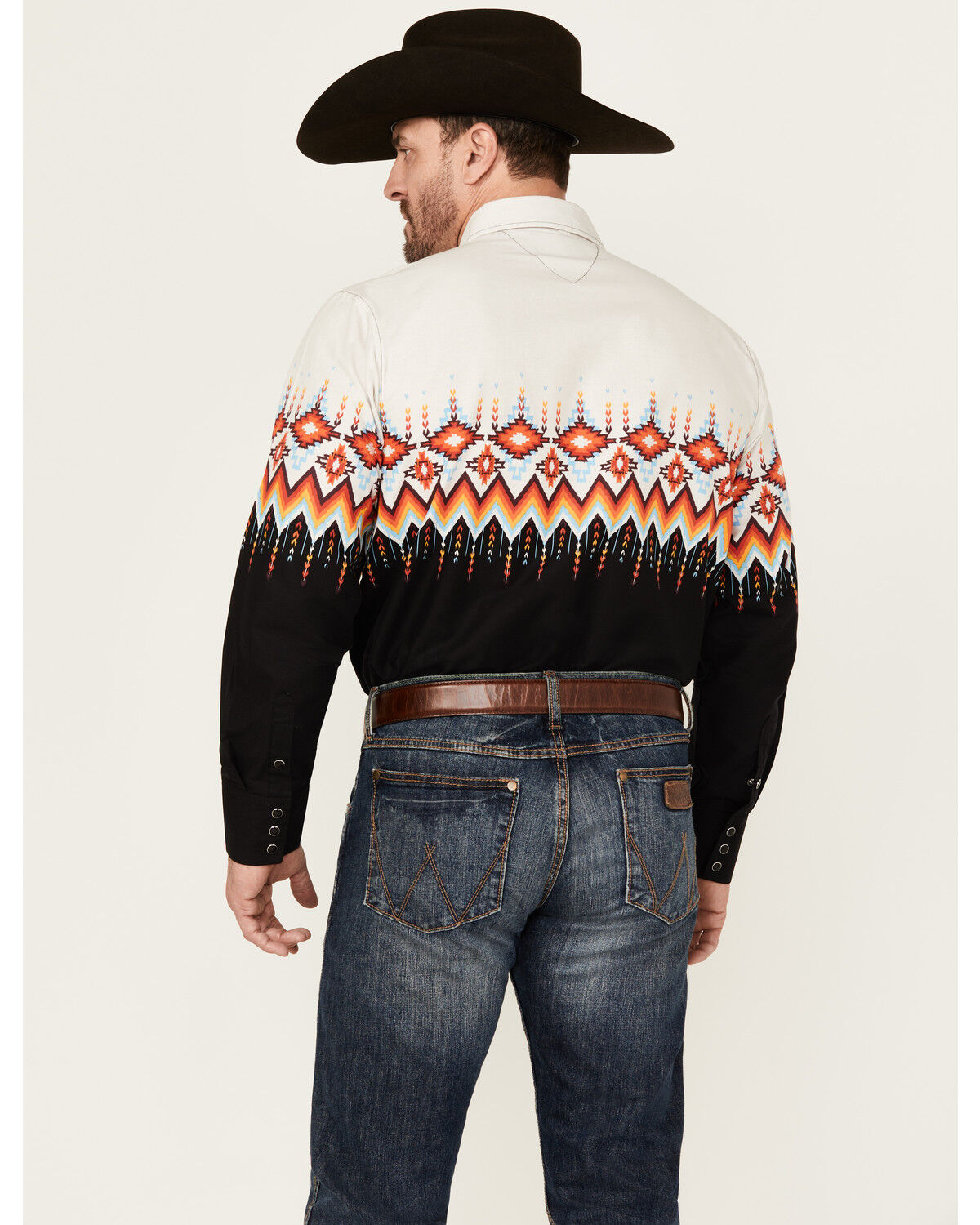 Image #4 - Panhandle Men's Southwestern Border Print Long Sleeve Snap Western Shirt, Black, hi-res