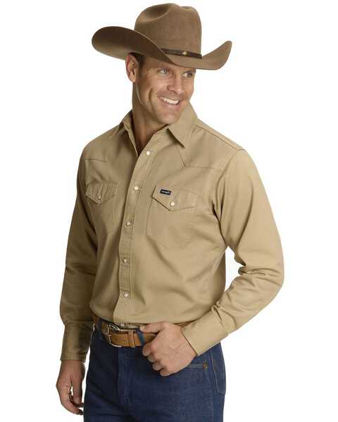 Wrangler Men's Solid Cowboy Cut Firm Finish Long Sleeve Work Shirt, Khaki, hi-res