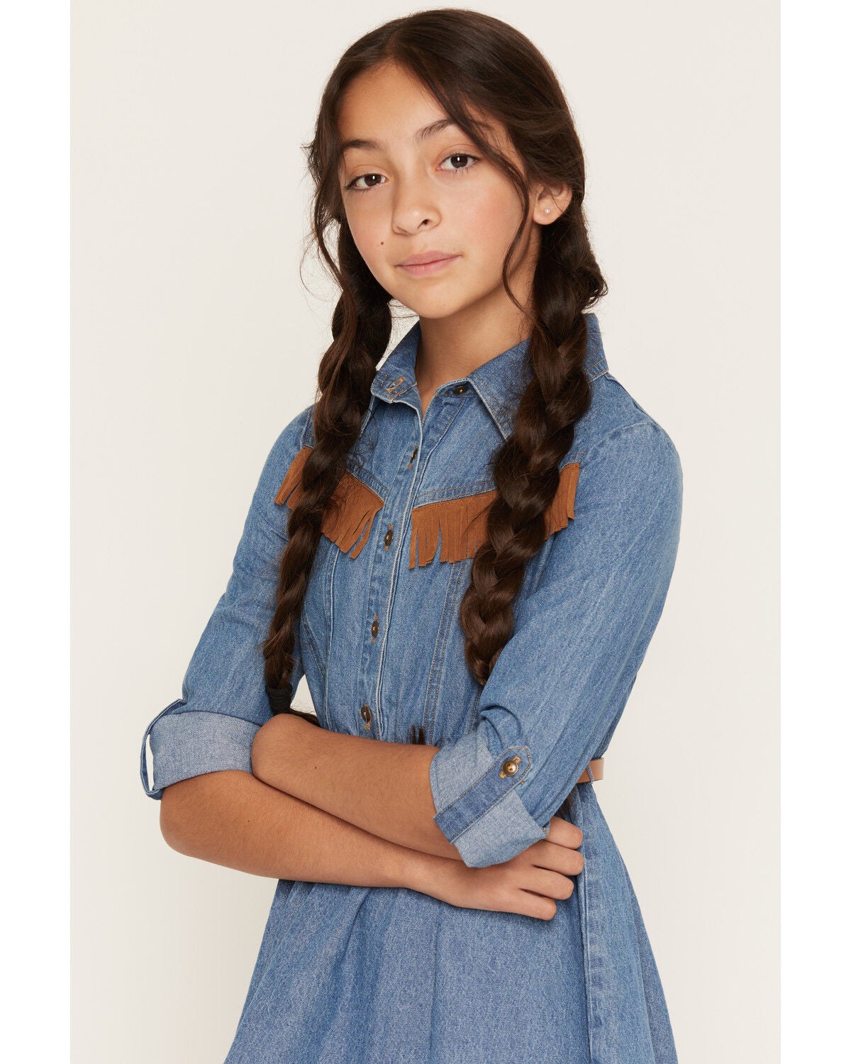Image #2 - Sugar California Girls' Medium Wash 3/4 Sleeve Denim Fringe Mini Dress, Medium Wash, hi-res