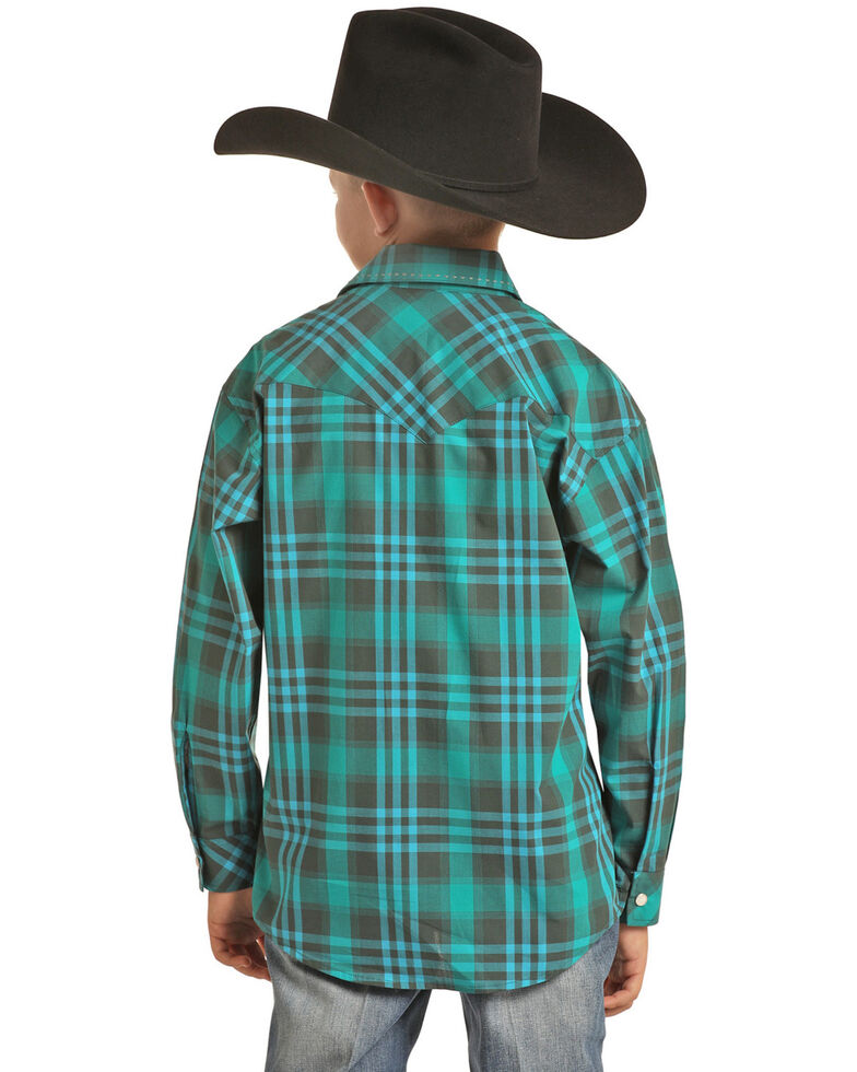 Rock & Roll Denim Boys' Teal Plaid Long Sleeve Western Shirt , Teal, hi-res