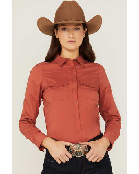 RANK 45® Women's Vented Performance Outdoor Long Sleeve Snap Western Shirt, Brick Red, hi-res