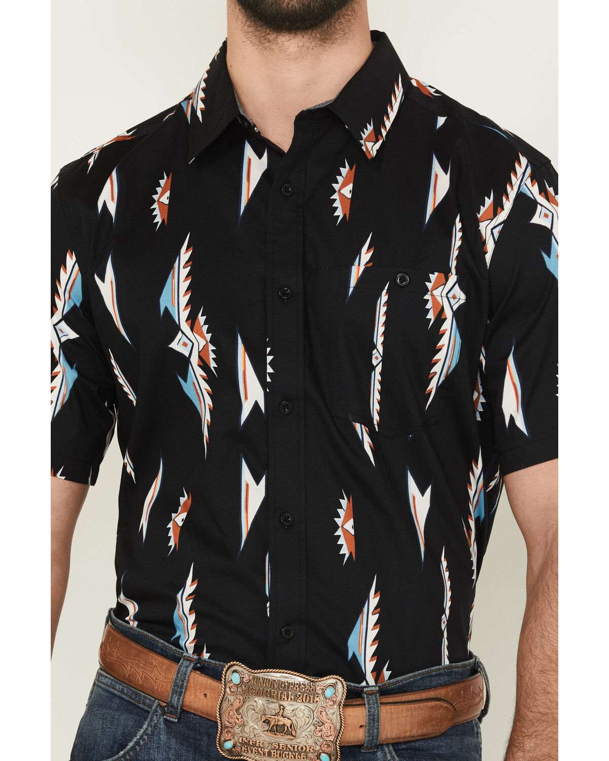 Image #3 - RANK 45® Men's Ryder Vertical Thunderbird Short Sleeve Button-Down Stretch Western Shirt, Black, hi-res