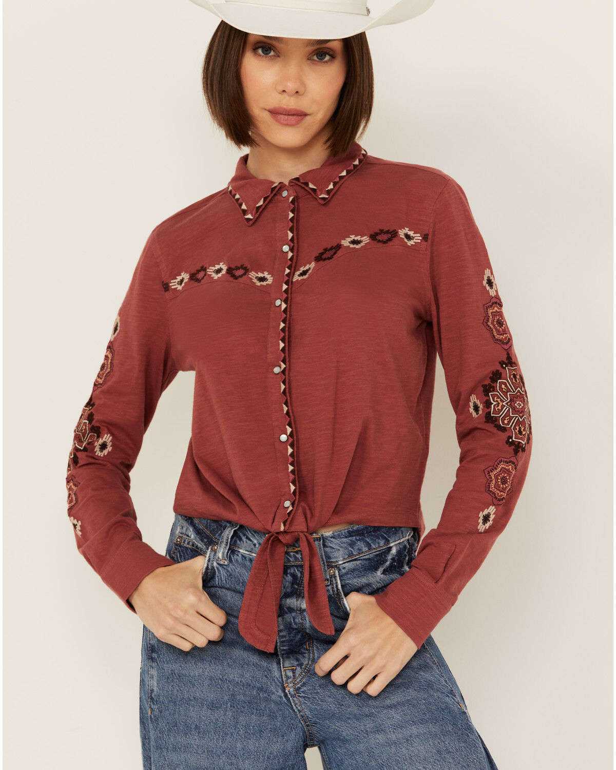 Image #1 - Shyanne Women's Embroidered Long Sleeve Tie Front Pearl Snap Shirt, Rust Copper, hi-res