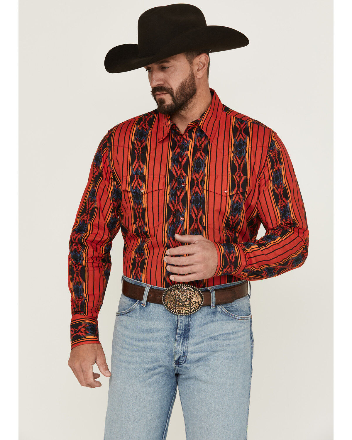 Image #1 - Wrangler Men's Checotah Southwestern Striped Print Long Sleeve Pearl Snap Western Shirt - Big, Red, hi-res