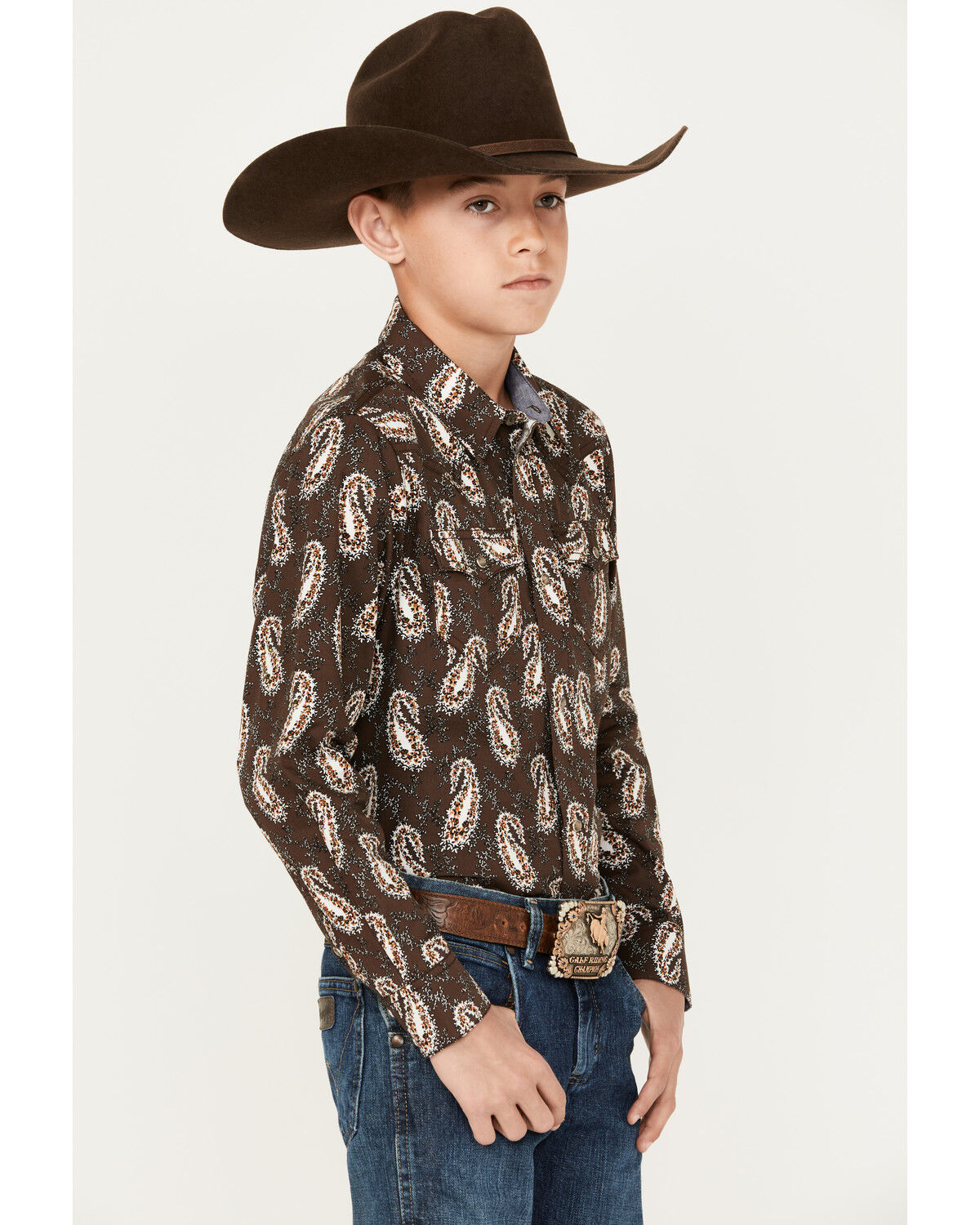 Image #2 - Cody James Boys' Flea Market Paisley Print Long Sleeve Snap Western Shirt, Brown, hi-res