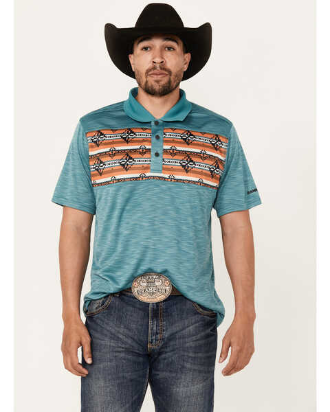 RANK 45® Men's Jacinto Southwestern Border Striped Short Sleeve Polo Shirt , Teal, hi-res