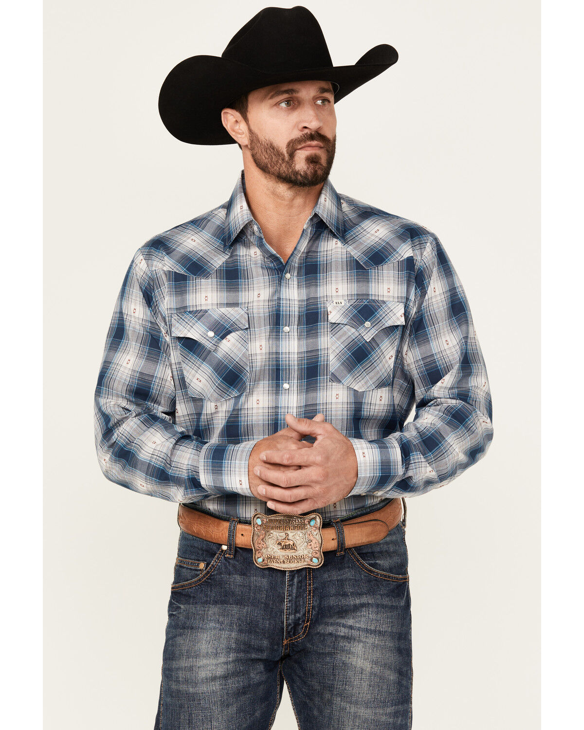 Image #1 - Ely Walker Men's Plaid Print Long Sleeve Pearl Snap Western Shirt, Navy, hi-res