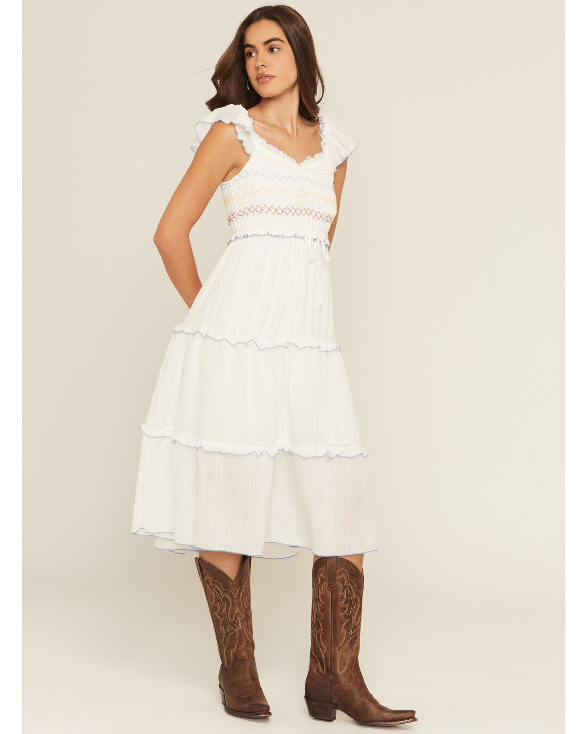Image #2 - Wild Moss Women's Smocked Ruffle Sleeve Midi Dress, White, hi-res