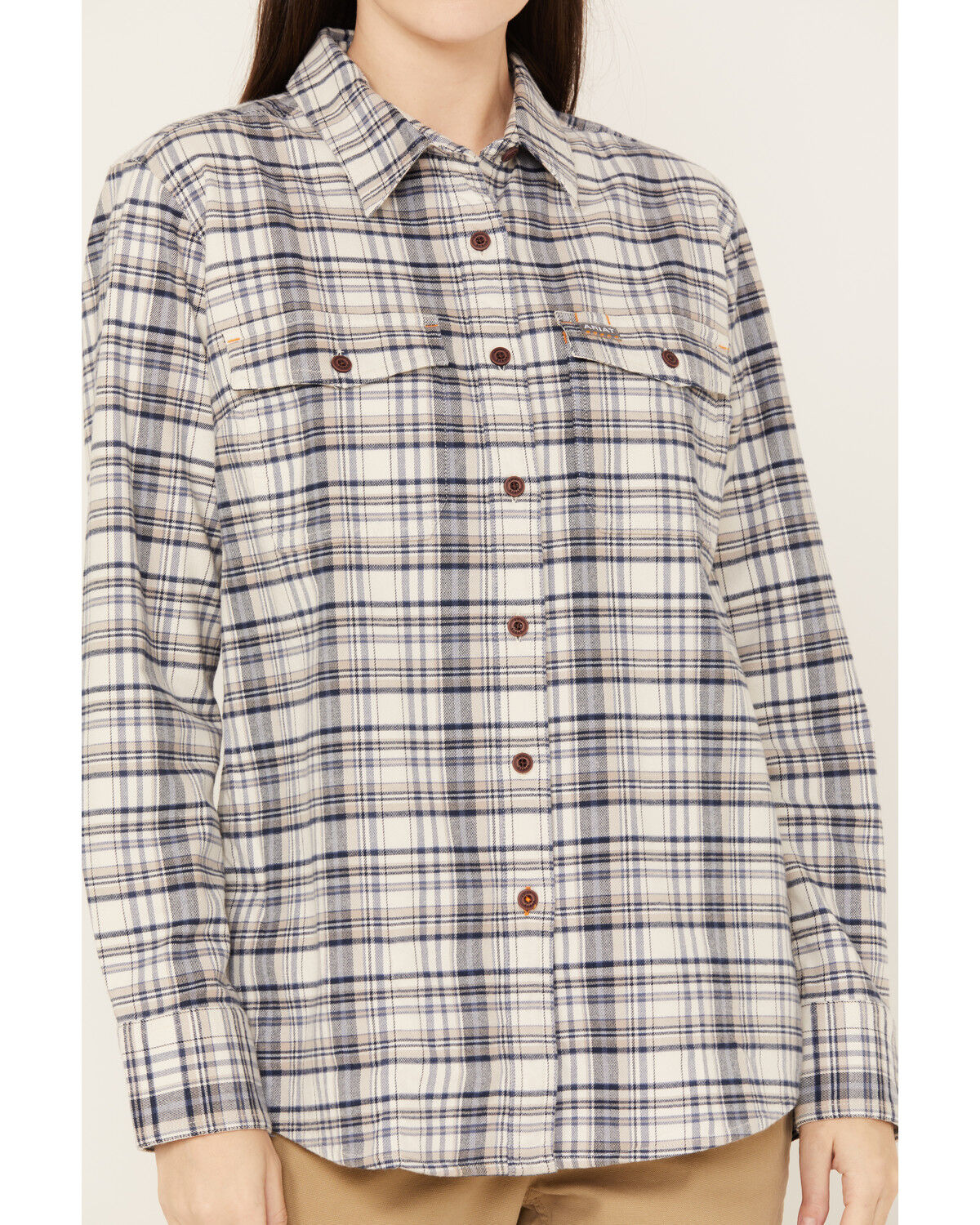 Image #3 - Ariat Women's Rebar Flannel Long Sleeve Button Down Plaid Print Work Shirt, Brown, hi-res