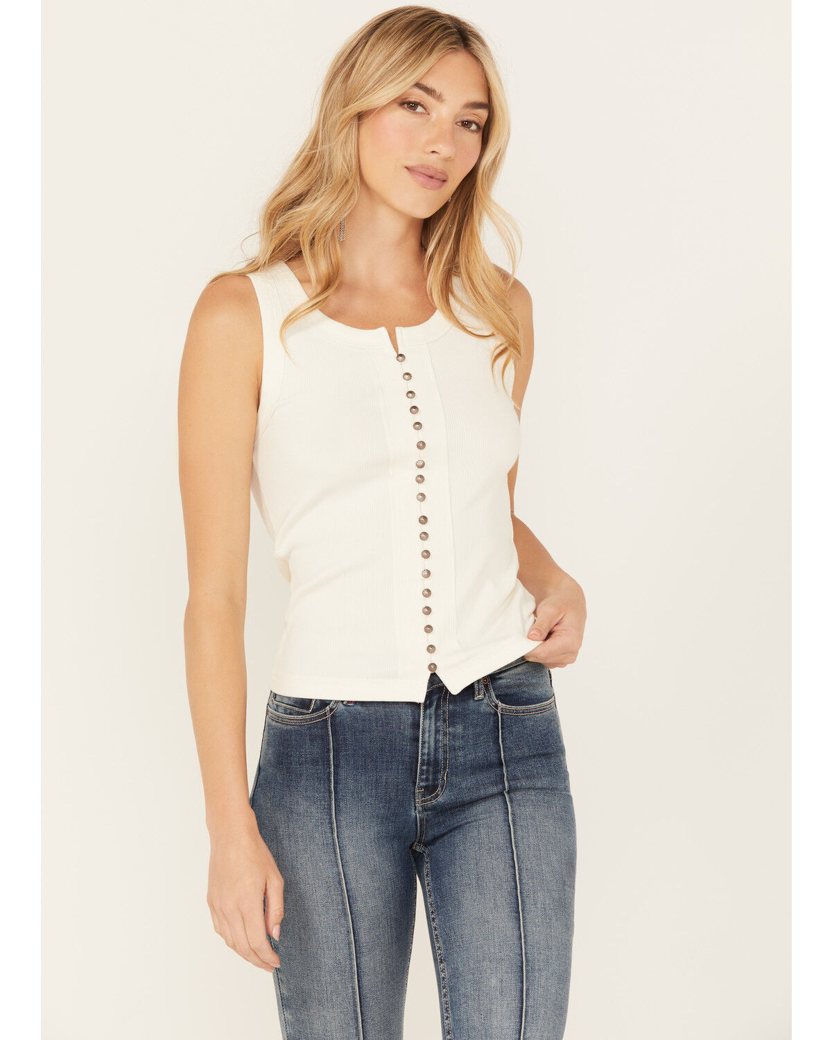 Image #1 - Idyllwind Women's Edna Button Front Ribbed Tank, Ivory, hi-res