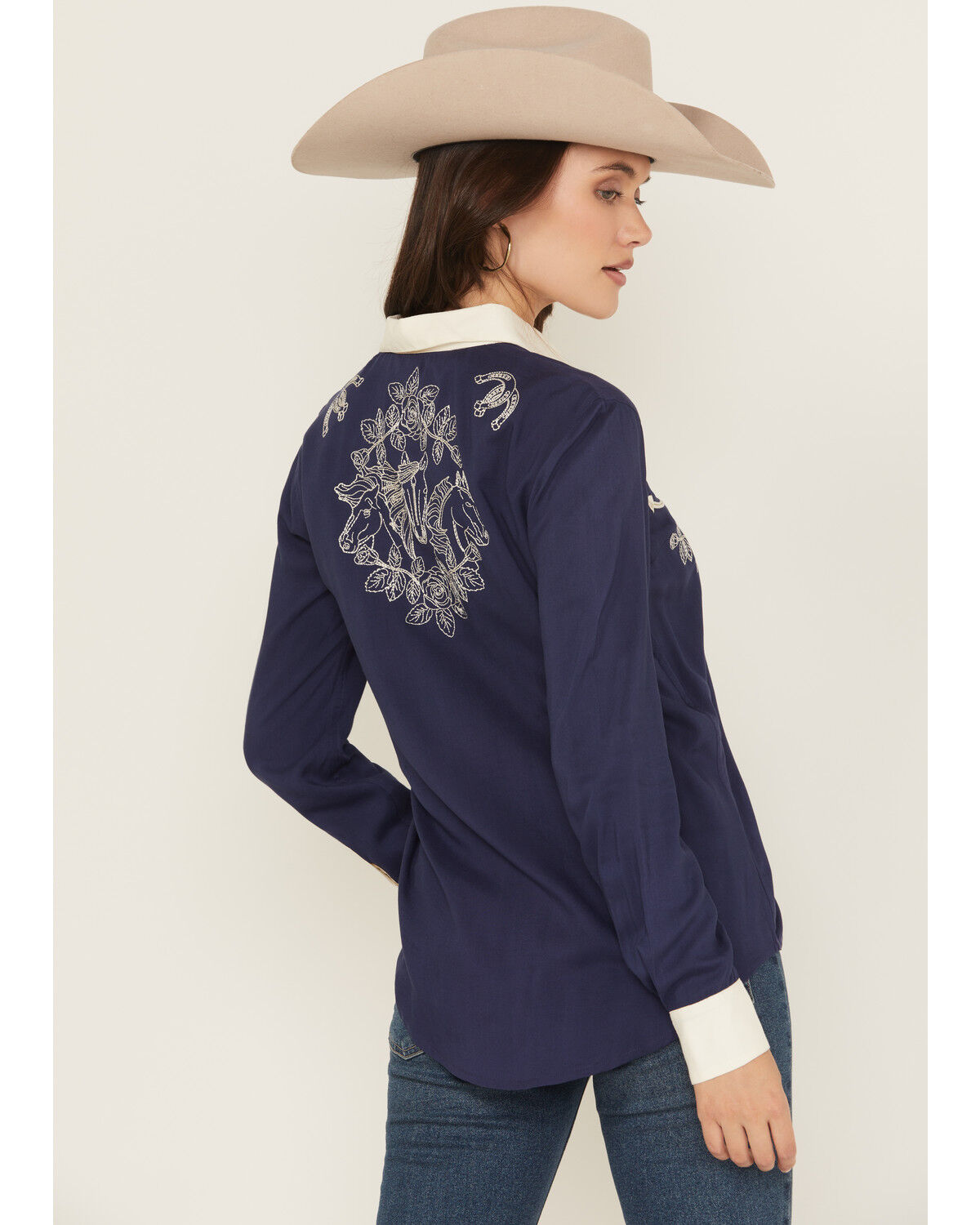 Image #4 - Panhandle Women's Retro Floral & Horse Embroidered Long Sleeve Pearl Snap Western Shirt, Navy, hi-res
