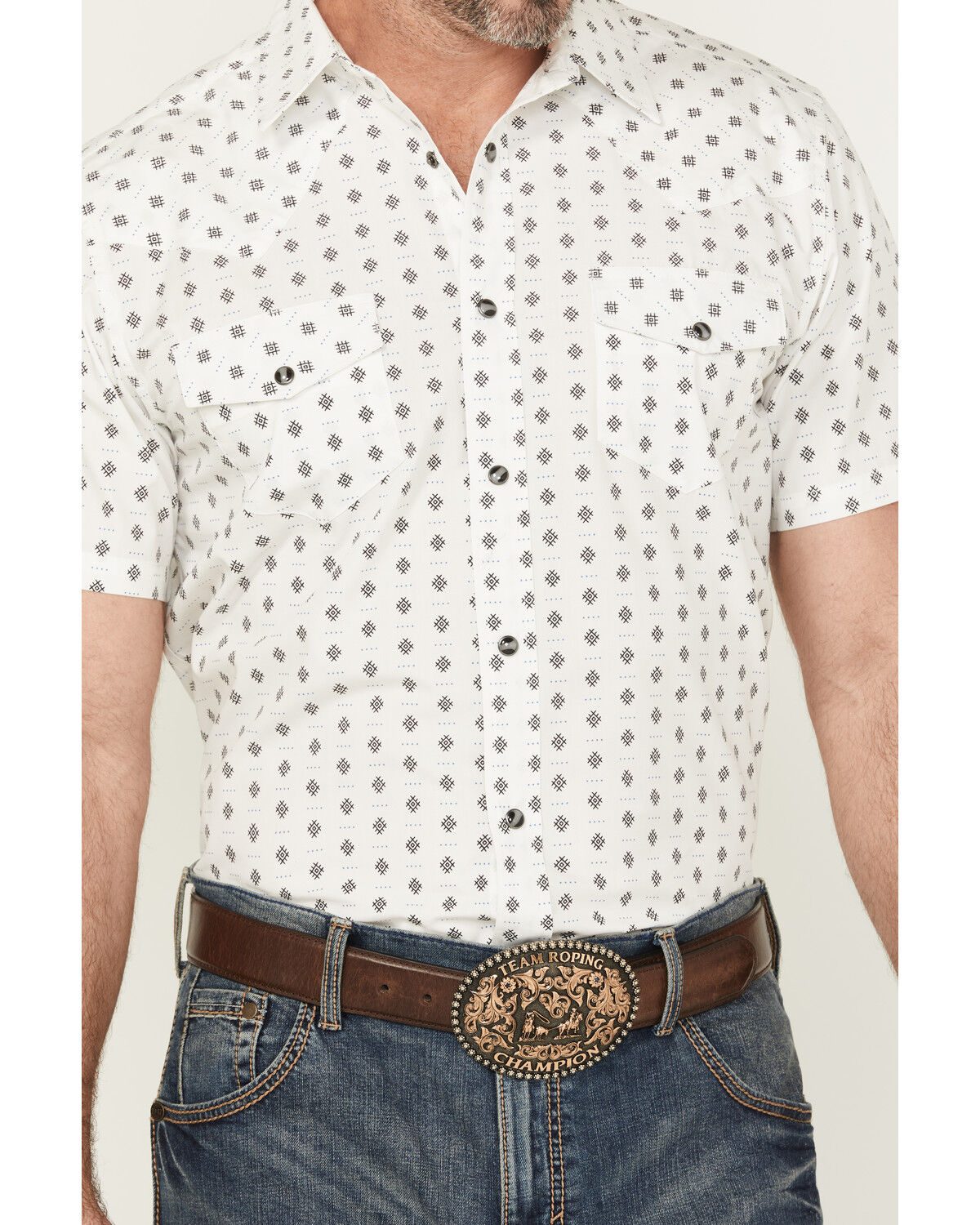 Image #3 - Gibson Trading Co Men's Sun Dial Geo Print Short Sleeve Snap Stretch Western Shirt, White, hi-res