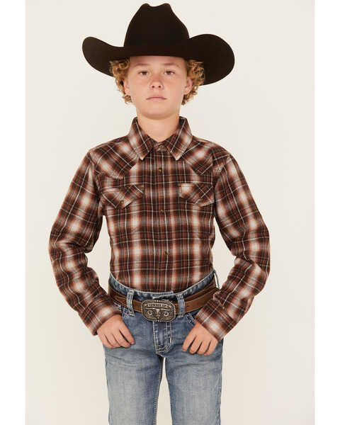 Cody James Boys' Traverse Long Sleeve Snap Flannel Shirt , Brown, hi-res