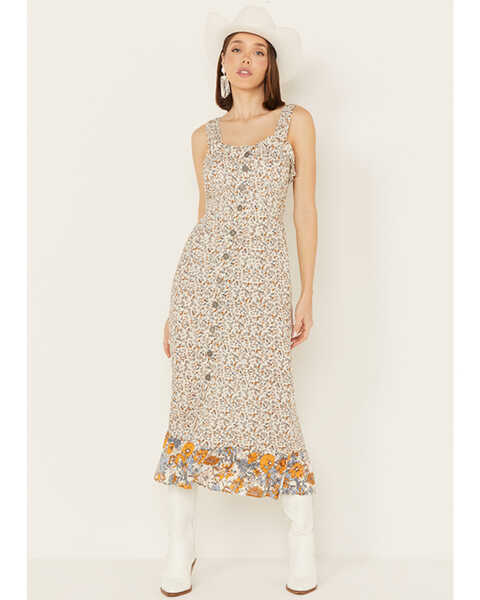 Cotton & Rye Women's Floral Sleeveless Button Down Midi Dress, Cream, hi-res