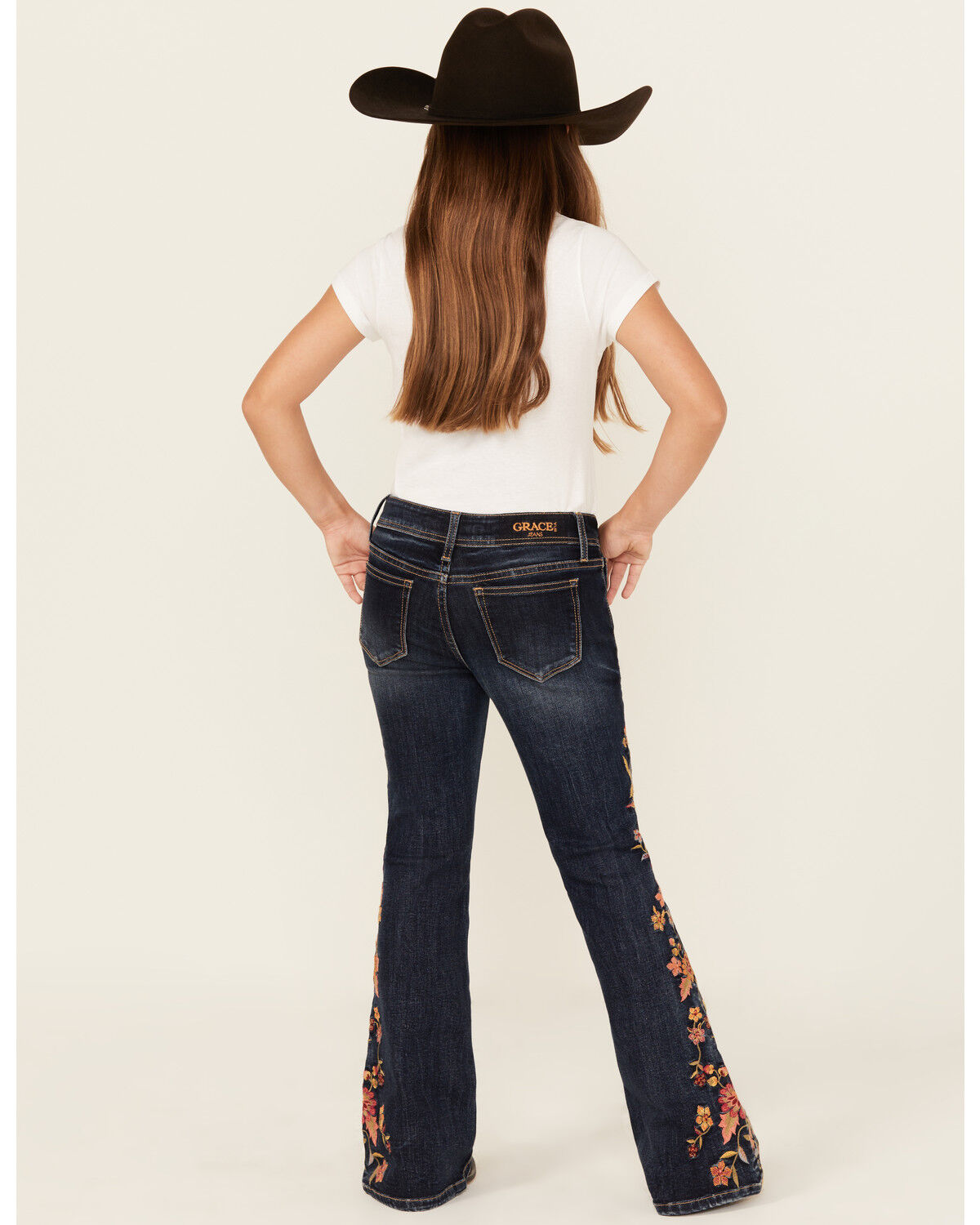 Image #3 - Grace in LA Girls' Dark Wash Floral Embroidery Flare Stretch Denim Jeans, Dark Wash, hi-res